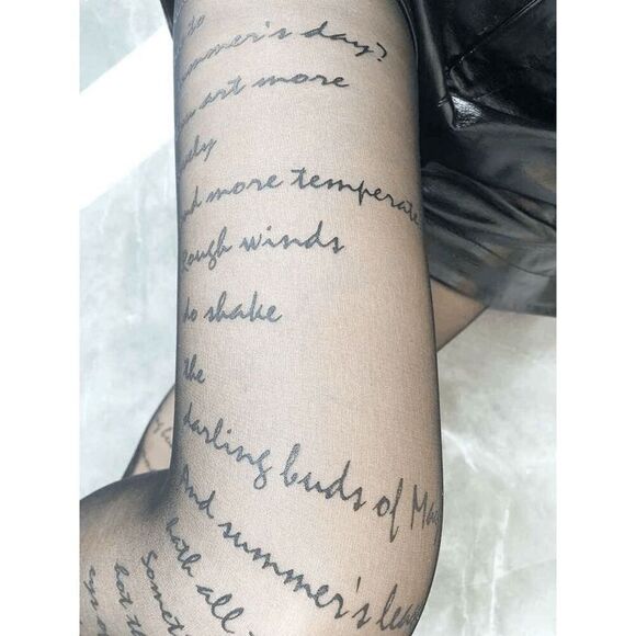 Shakespeare Sonnet Text Printed Tights Black Sheer Nylon Pantyhose Hosiery NEW - Picture 5 of 10